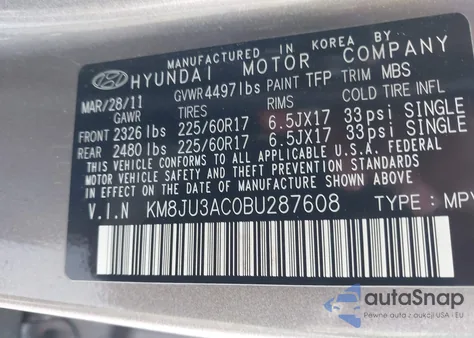 2011 Hyundai Tucson Gls из США, поврежденный, VIN KM8JU3AC0BU287608